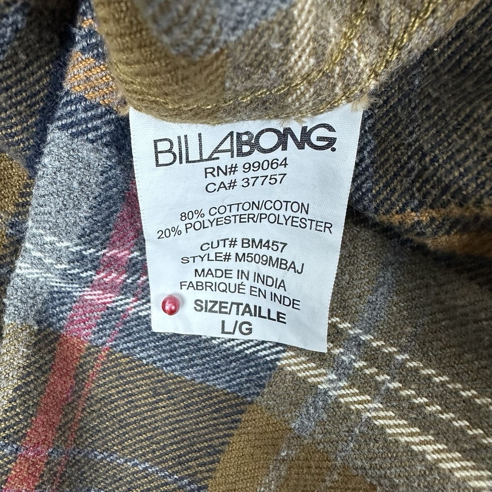 Billabong Baja Flannel Hoodie Shacket L Plaid Core Fit Stretch Brown Blue Red - Picture 6 of 13